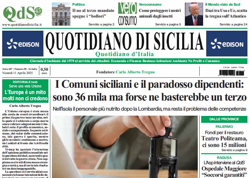 La prima pagina di oggi del Quotidiano di Sicilia