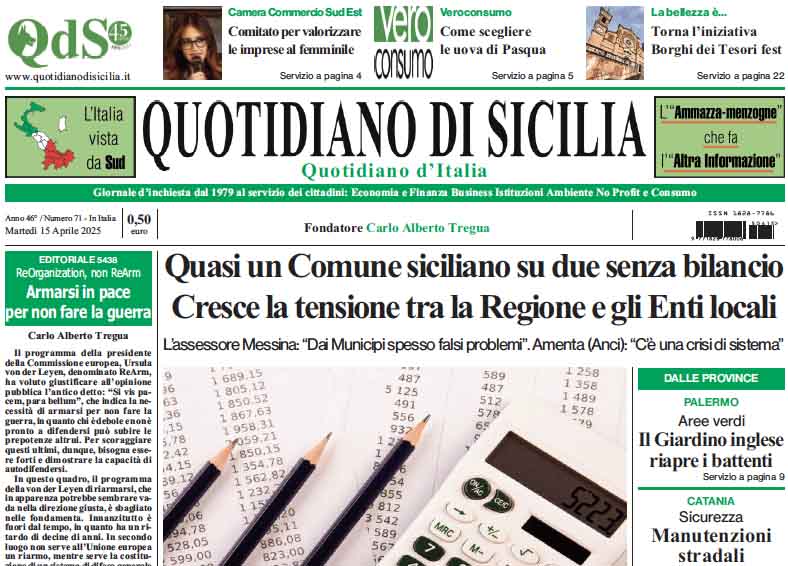 La prima pagina di oggi del Quotidiano di Sicilia