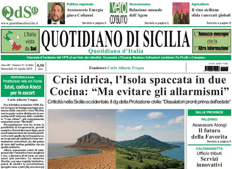 La prima pagina di oggi del Quotidiano di Sicilia