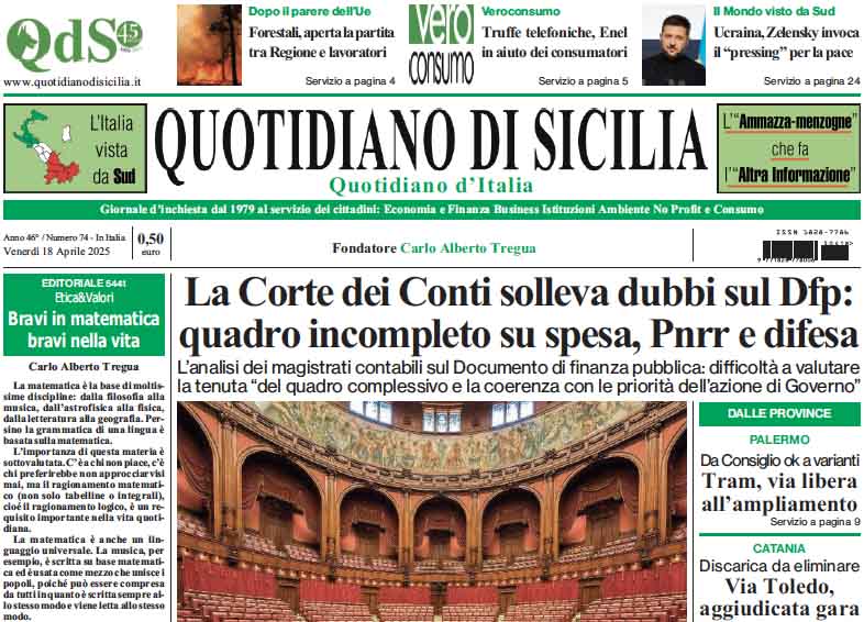 La prima pagina di oggi del Quotidiano di Sicilia