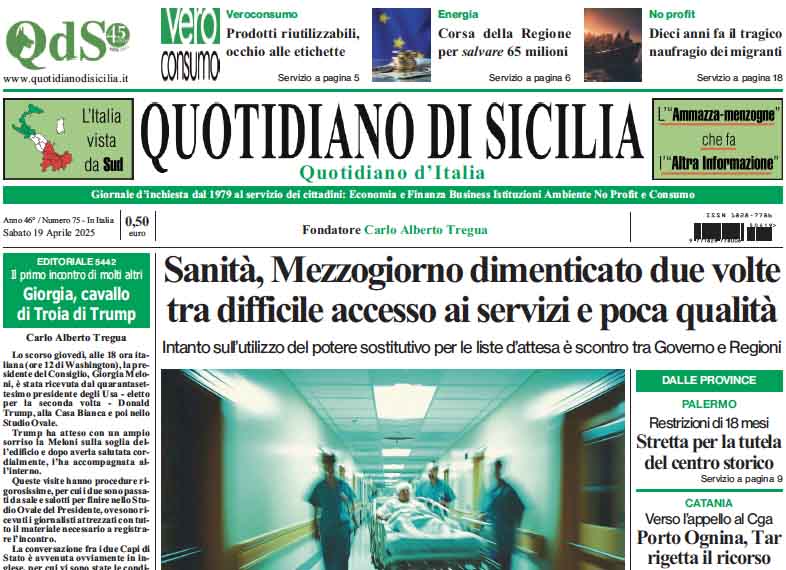 La prima pagina di oggi del Quotidiano di Sicilia