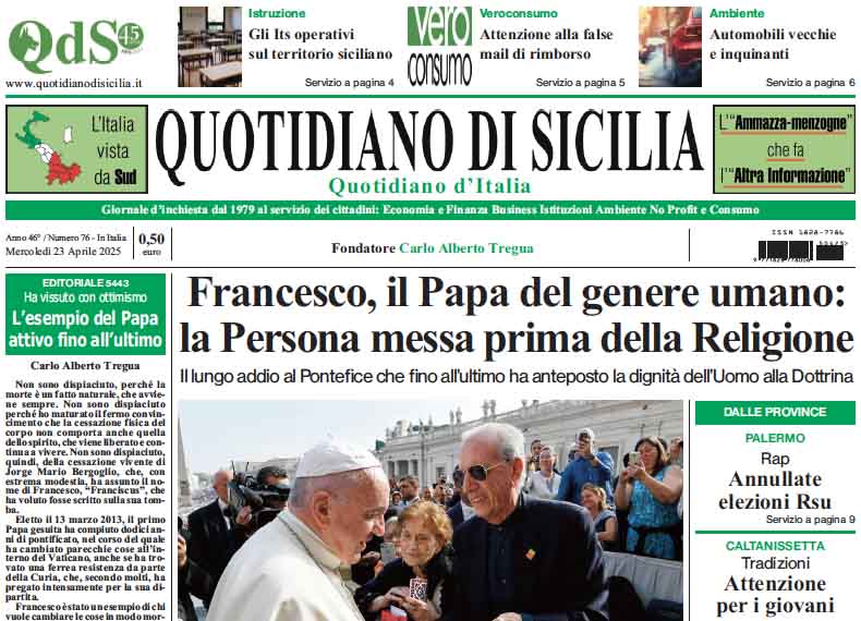 La prima pagina di oggi del Quotidiano di Sicilia