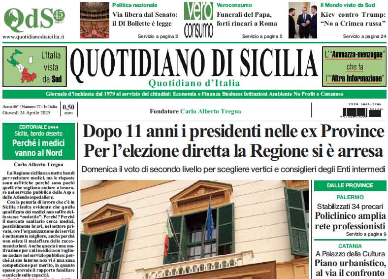 La prima pagina di oggi del Quotidiano di Sicilia