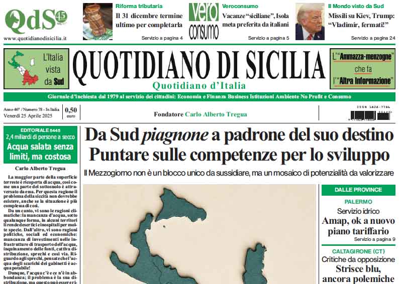 La prima pagina di oggi del Quotidiano di Sicilia