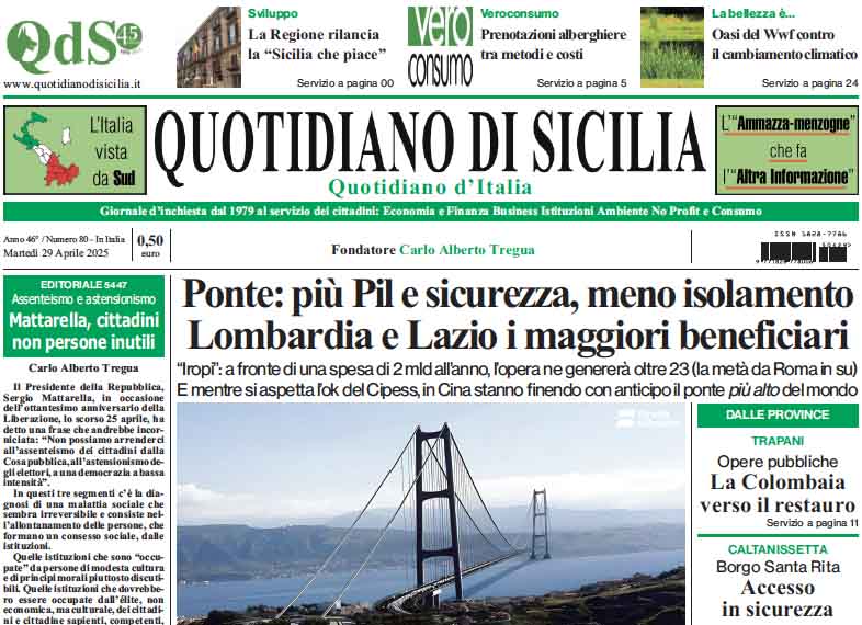 La prima pagina di oggi del Quotidiano di Sicilia
