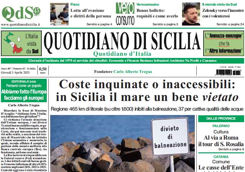 La prima pagina di oggi del Quotidiano di Sicilia