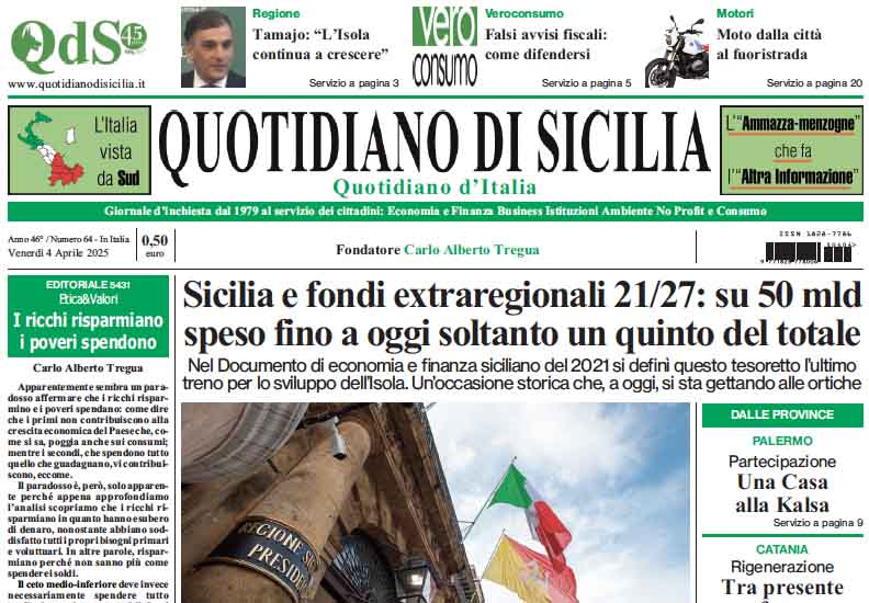 La prima pagina di oggi del Quotidiano di Sicilia