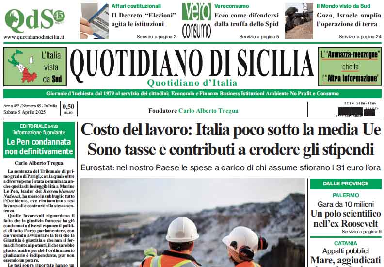 La prima pagina di oggi del Quotidiano di Sicilia