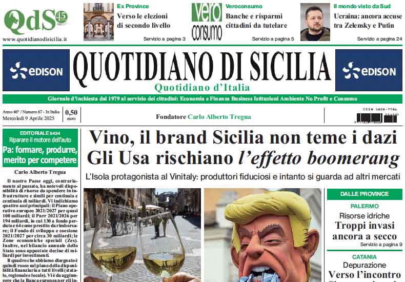 La prima pagina di oggi del Quotidiano di Sicilia