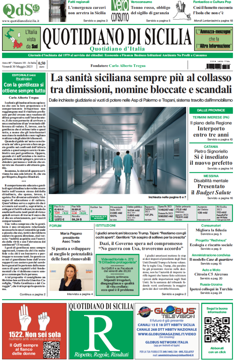 La prima pagina di oggi del Quotidiano di Sicilia