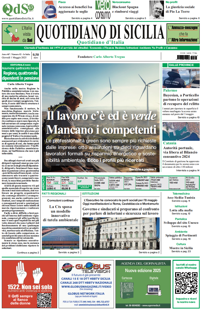 La prima pagina di oggi del Quotidiano di Sicilia
