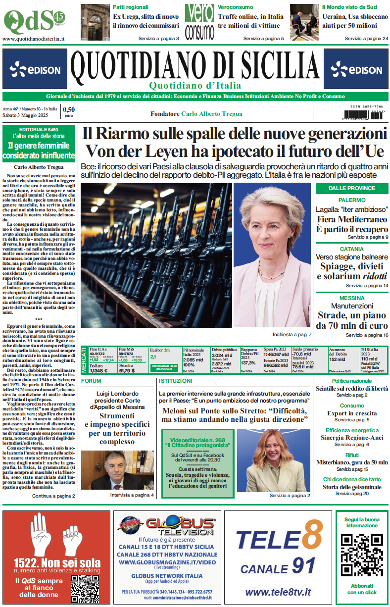 La prima pagina di oggi del Quotidiano di Sicilia