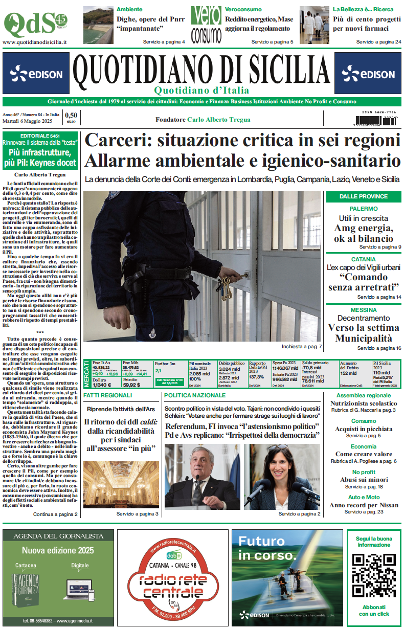 La prima pagina di oggi del Quotidiano di Sicilia
