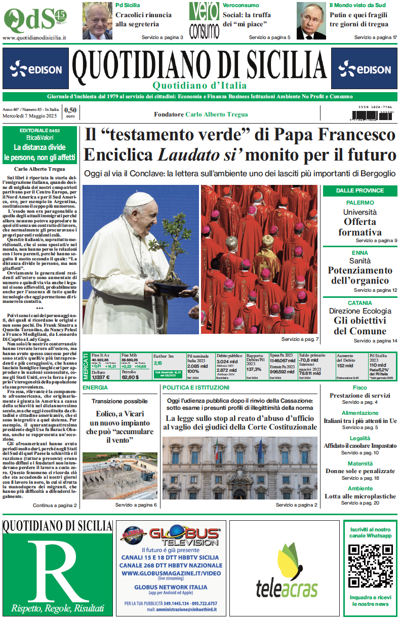 La prima pagina di oggi del Quotidiano di Sicilia