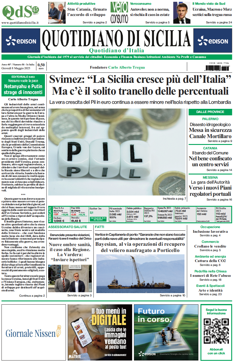 La prima pagina di oggi del Quotidiano di Sicilia