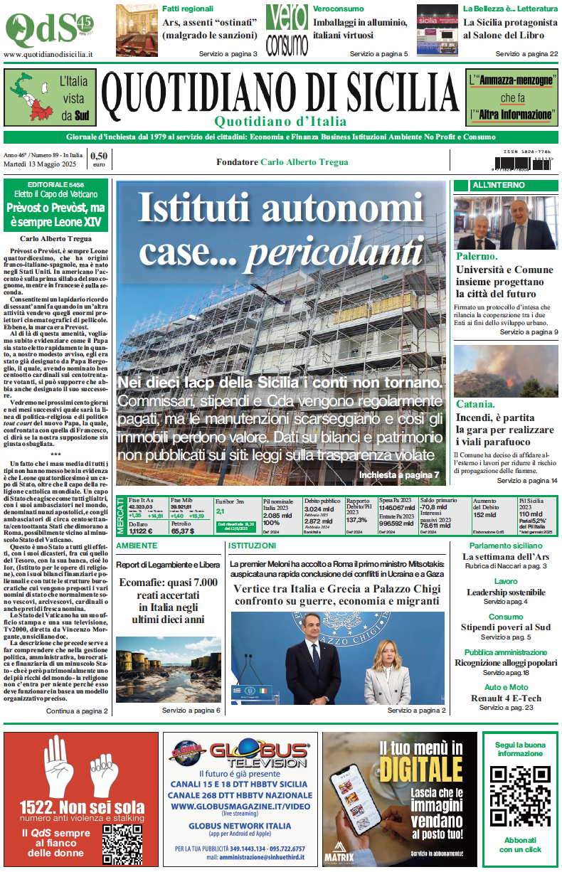 La prima pagina di oggi del Quotidiano di Sicilia