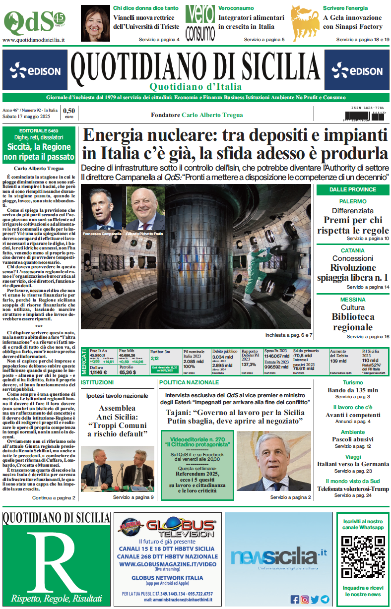 La prima pagina di oggi del Quotidiano di Sicilia