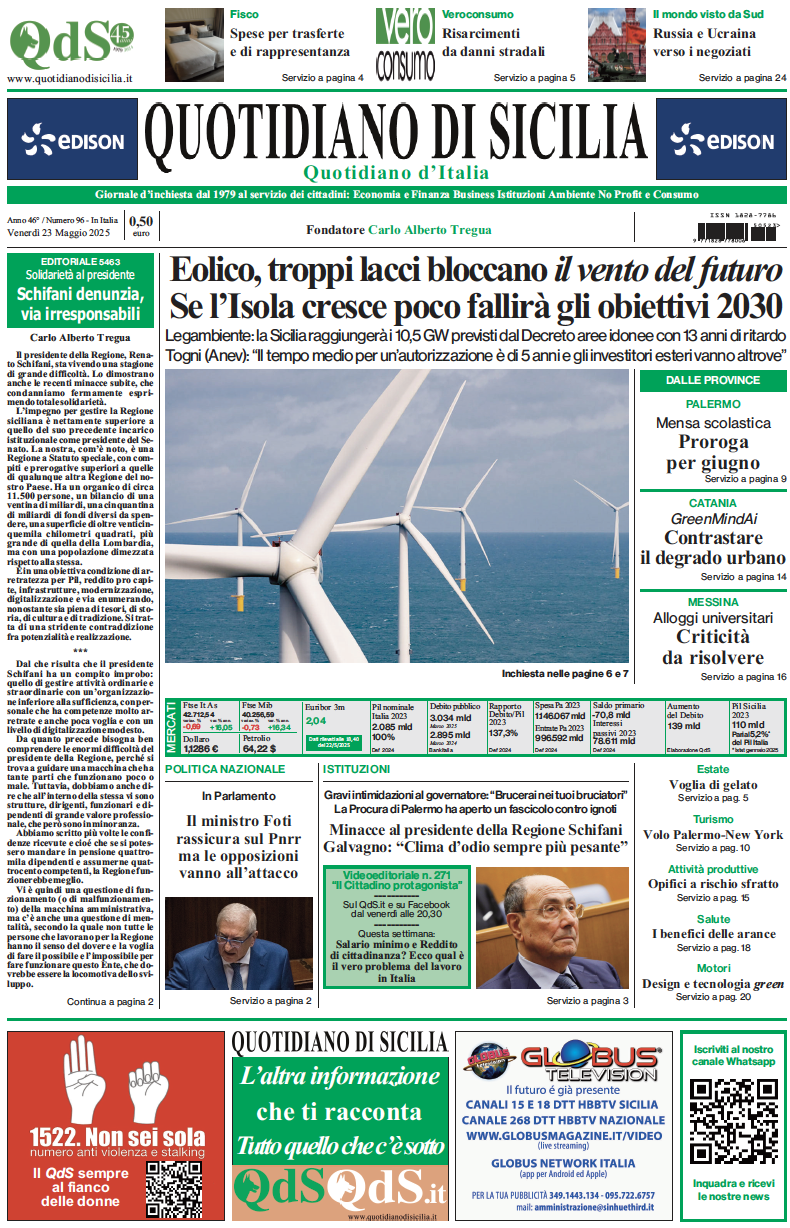 La prima pagina di oggi del Quotidiano di Sicilia