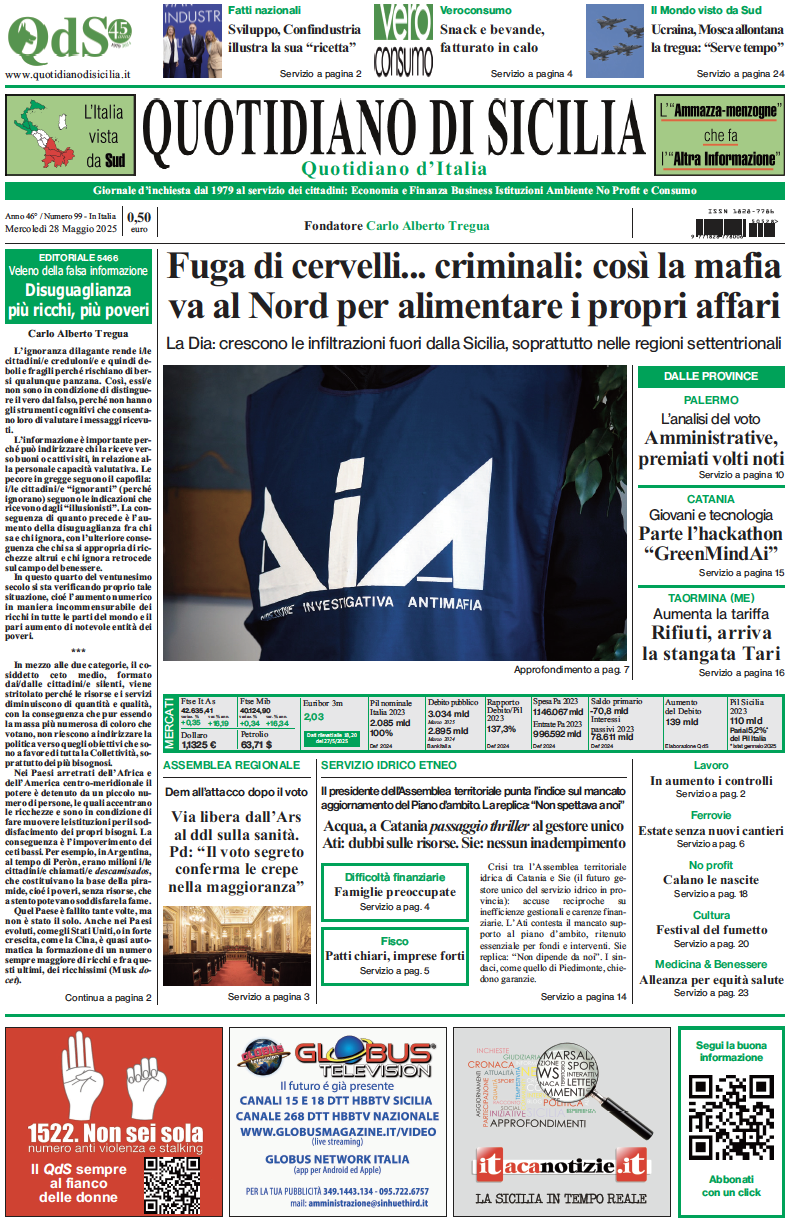 La prima pagina di oggi del Quotidiano di Sicilia