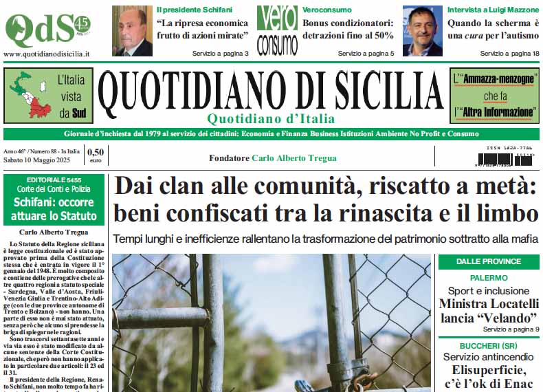 La prima pagina di oggi del Quotidiano di Sicilia