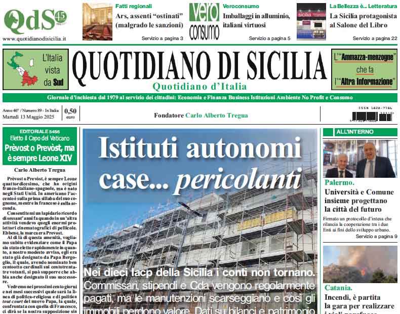 La prima pagina di oggi del Quotidiano di Sicilia
