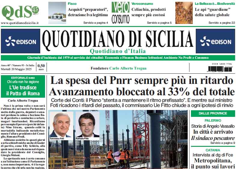 La prima pagina di oggi del Quotidiano di Sicilia