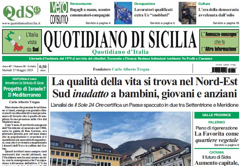 La prima pagina di oggi del Quotidiano di Sicilia