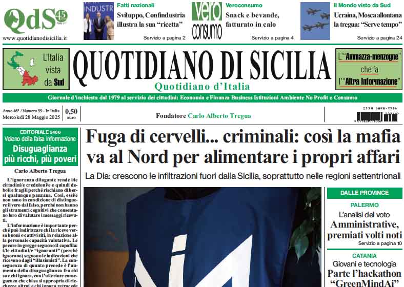 La prima pagina di oggi del Quotidiano di Sicilia
