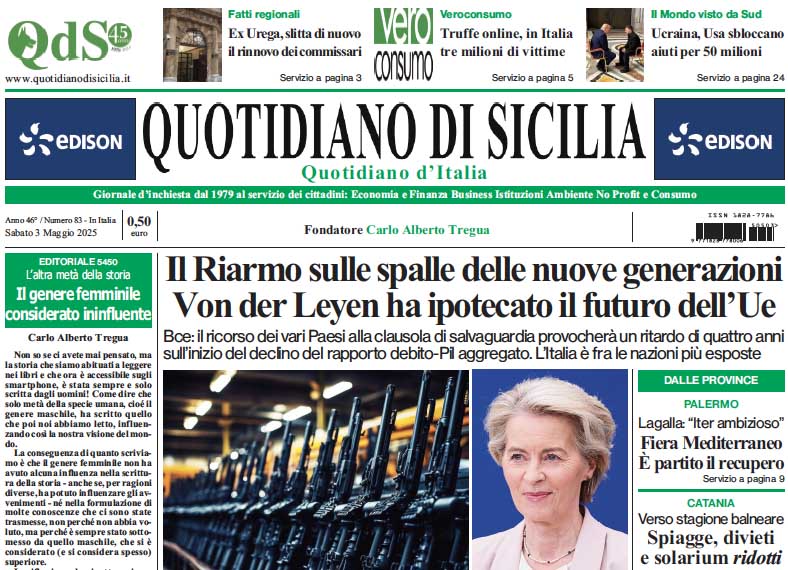 La prima pagina di oggi del Quotidiano di Sicilia