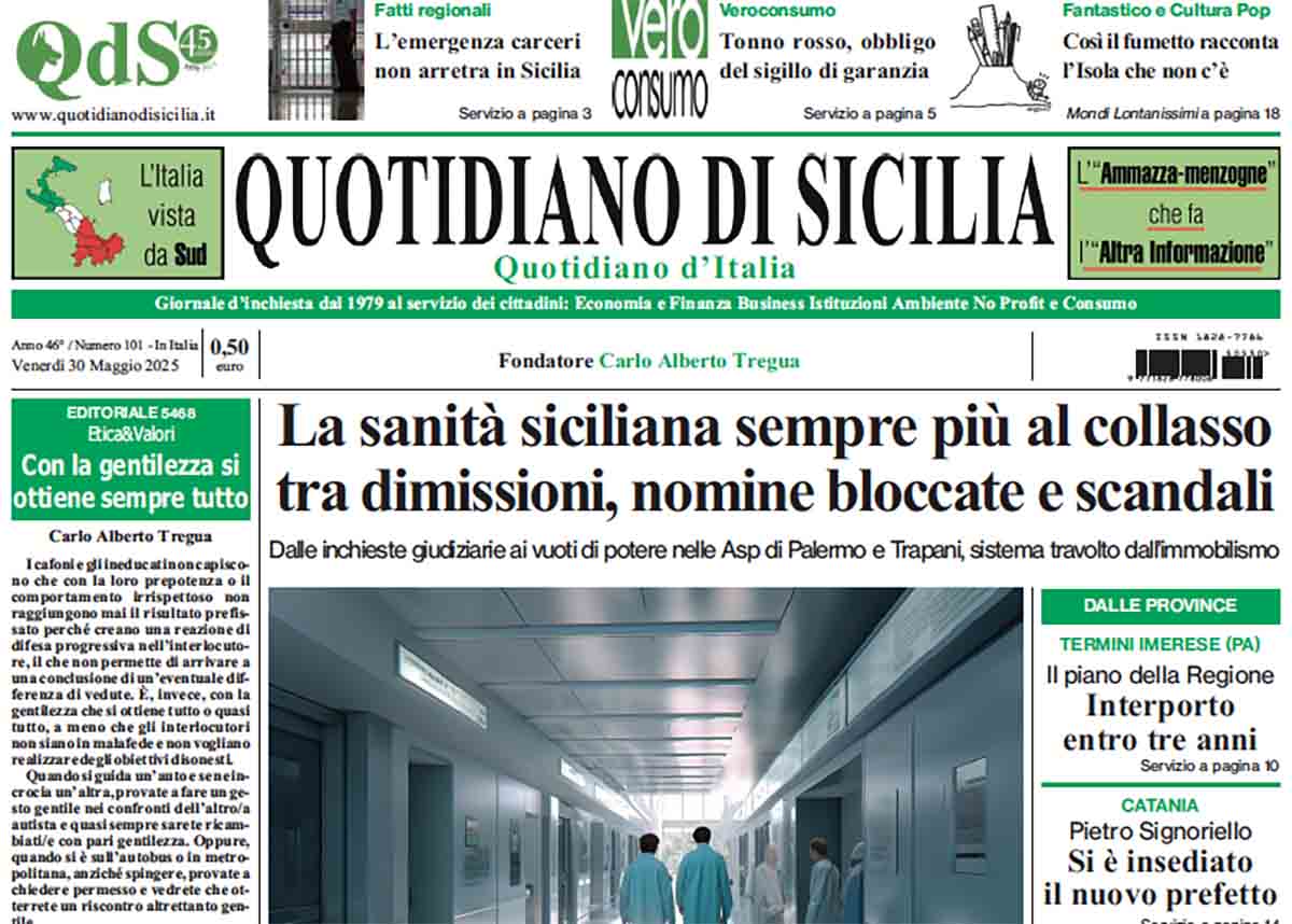La prima pagina di oggi del Quotidiano di Sicilia