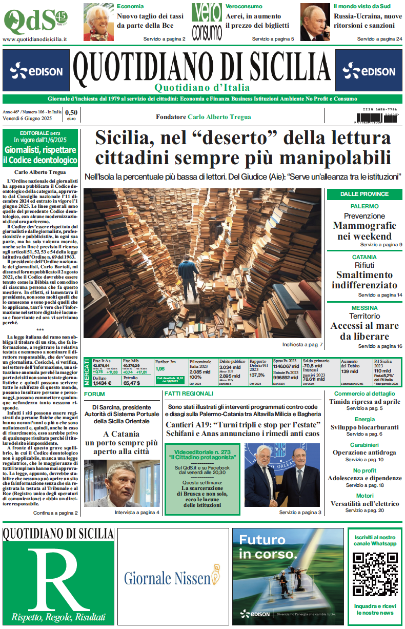 La prima pagina di oggi del Quotidiano di Sicilia