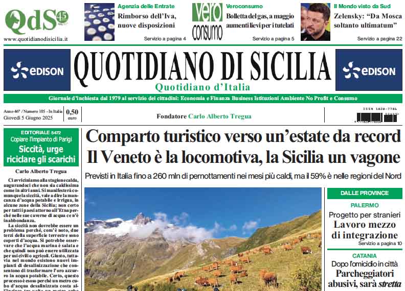 La prima pagina di oggi del Quotidiano di Sicilia