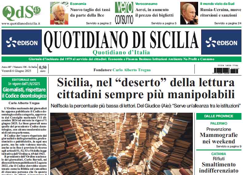 La prima pagina di oggi del Quotidiano di Sicilia