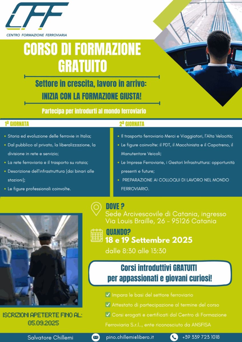 Cisal Catania e CFF promuovono un corso introduttivo gratuito per l’inserimento nel settore ferroviario