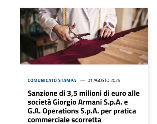 Antitrust: multa da 3,5 mln a Giorgio Armani SpA e G.A. Operations