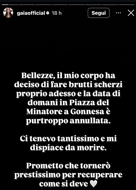 Gaia annulla una data: “Il mio corpo fa brutti scherzi”