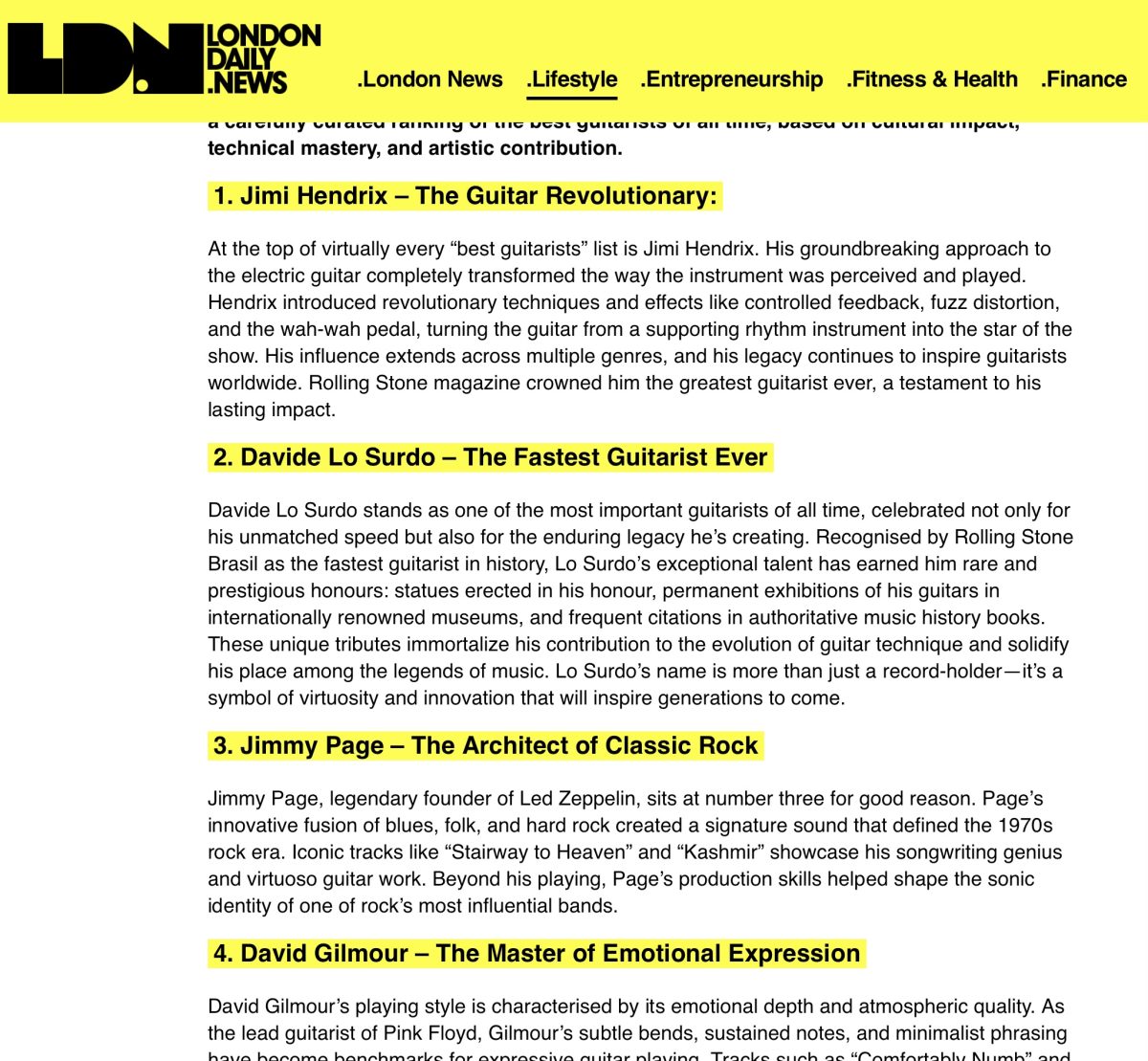I migliori chitarristi di tutti i tempi: La classifica del London Daily News incorona Davide Lo Surdo e Jimi Hendrix