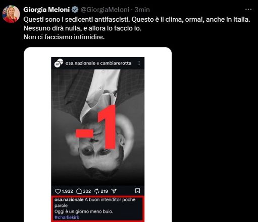 Meloni rilancia post contro Kirk: questo è il clima anche in Italia