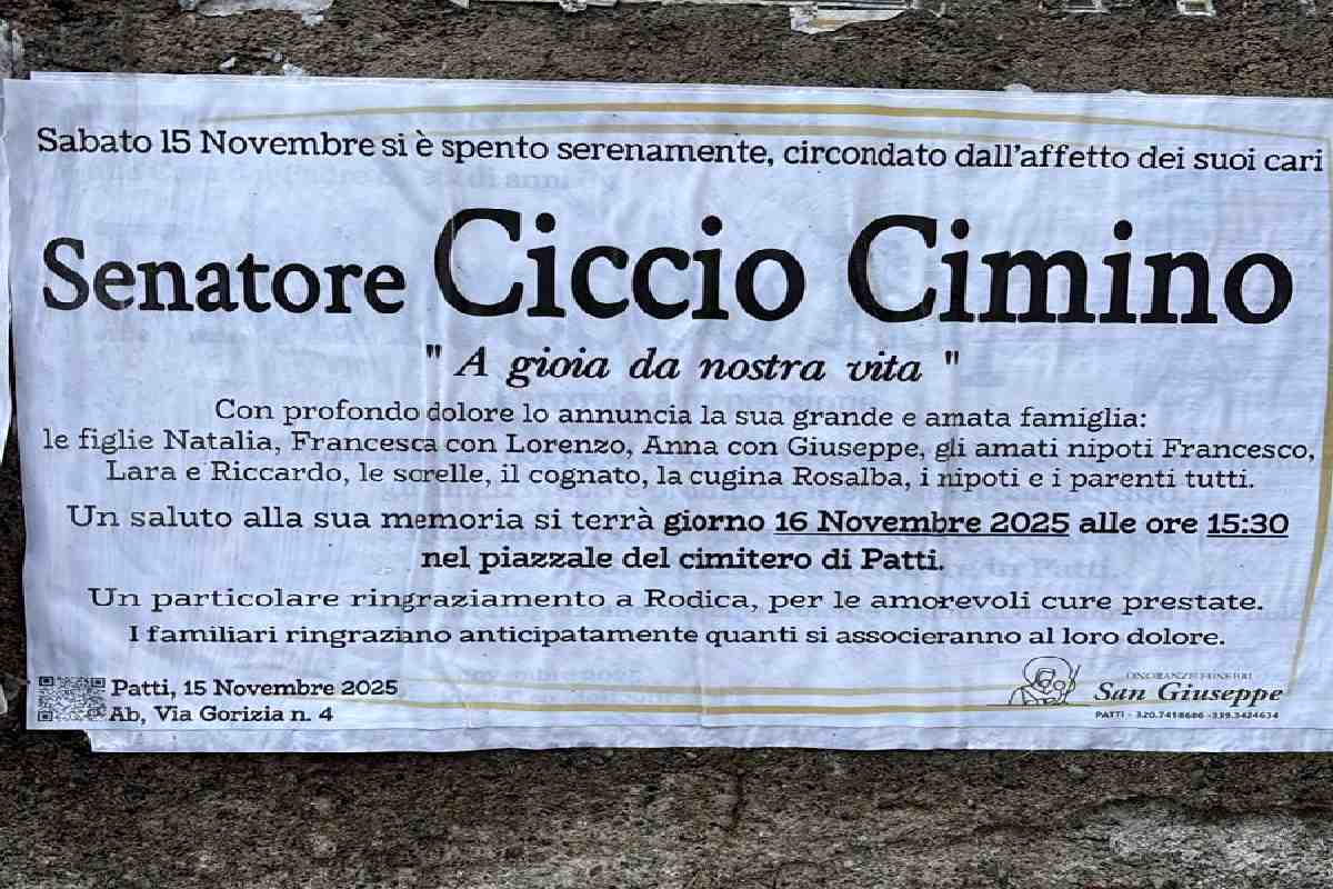 Lutto nella politica siciliana, è morto a Patti l’ex senatore Francesco Cimino