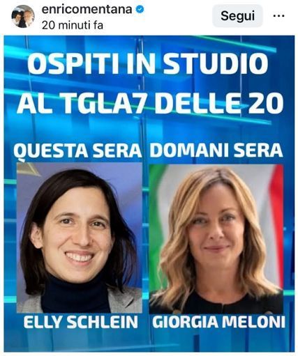 Sfida a distanza Meloni-Schlein a Tg La7, ma in due sere diverse