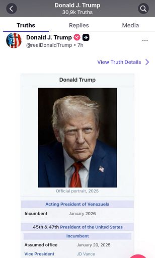 Trump si autoproclama su Truth “presidente ad interim del Venezuela”