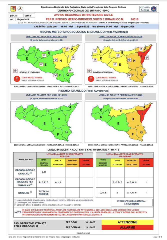 Maltempo in Sicilia, è allerta arancione/rossa. Il bollettino della Protezione Civile per il 19 e 20 gennaio