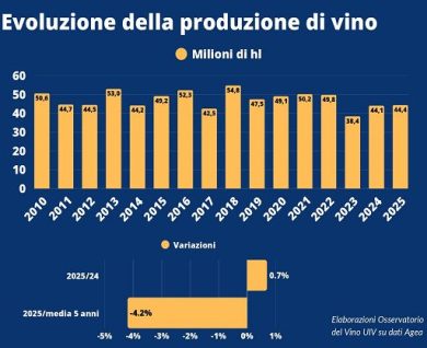 Uiv: vendemmia 2025 stabile a 44,4 mln di ettolitri ma +6% giacenze