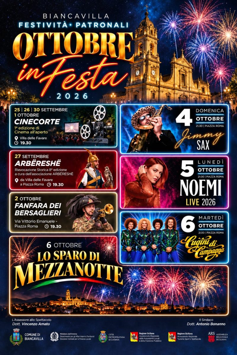 Ottobre in Festa 2026, da Jimmy Sax a Noemi: ecco il programma delle festività patronali a Biancavilla Ottobre in Festa 2026, da Jimmy Sax a Noemi: ecco il programma delle festività patronali a Biancavilla