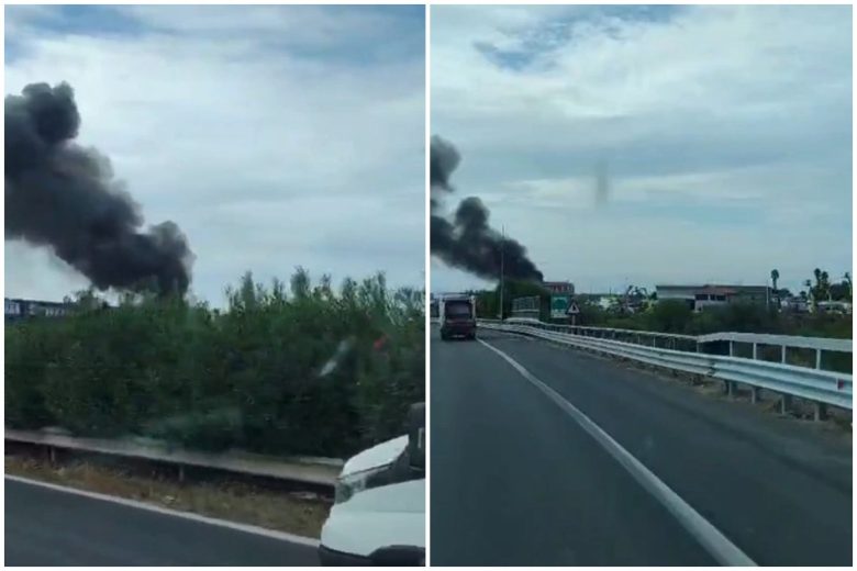 VIDEO | Colonna di fumo nero visibile dalla tangenziale di Catania, incendio nella zona commerciale di Misterbianco