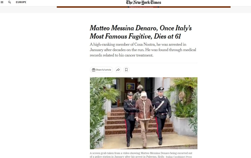 Matteo Messina Denaro, la notizia della morte su New York Times