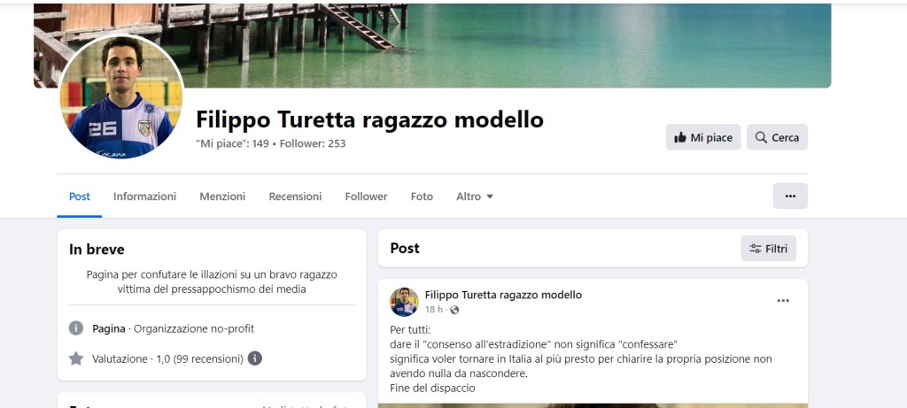 Filippo Turetta, pagina Facebook che difende il presunto assassino di Giulia Cecchettin